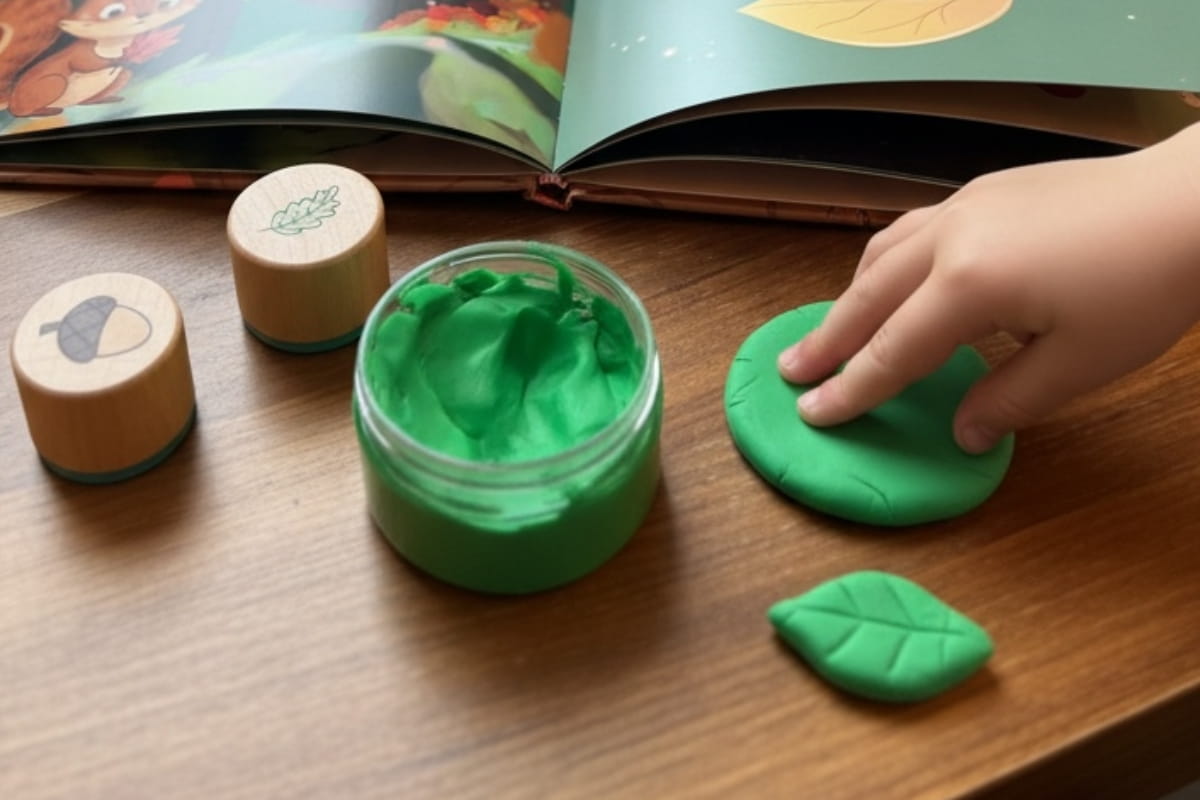 Kinderhände kneten mit grüner Kinderknete und Waldbox-Inhalten – kreative Beschäftigung ohne Bildschirm
