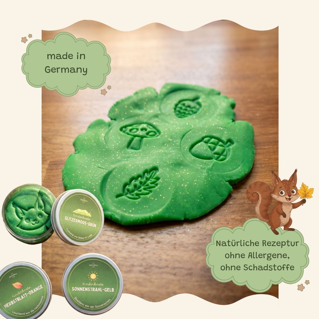 Zendou Kids Kinderknete Glitzermoos-Grün mit Waldstempel-Abdrücken – Made in Germany, natürliche Rezeptur ohne Allergene