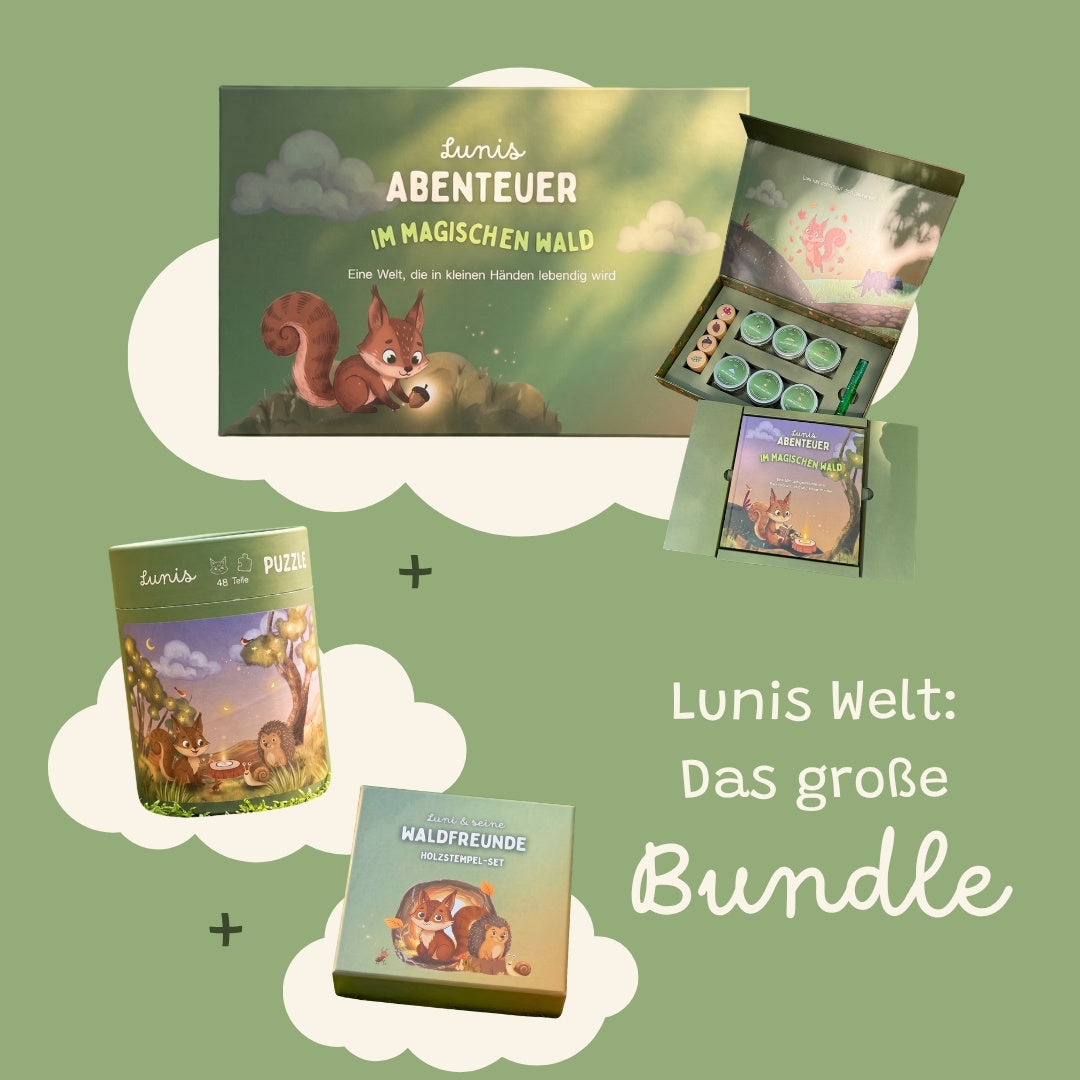 Zendou Kids großes Bundle – Waldbox, Puzzle Ein Abend im Wald und Holzstempel-Set Waldfreunde