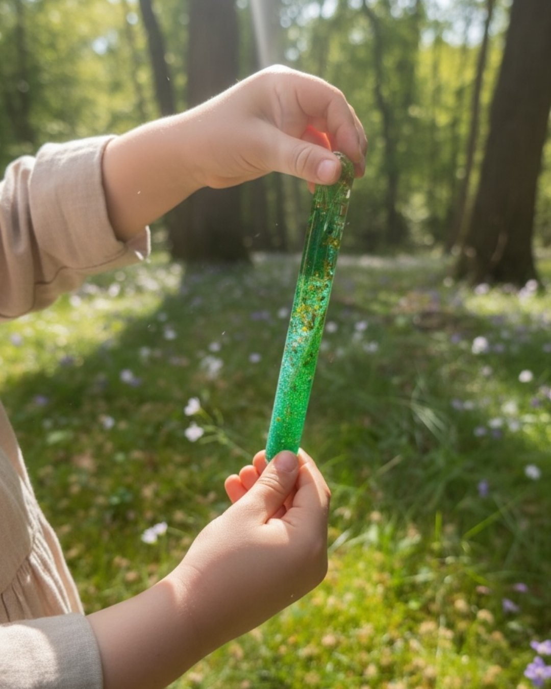 Kinderhände halten den grünen Funkelstab im Sonnenschein auf einer Wiese – magisches Sensory-Spielzeug aus der Zendou Kids Waldbox