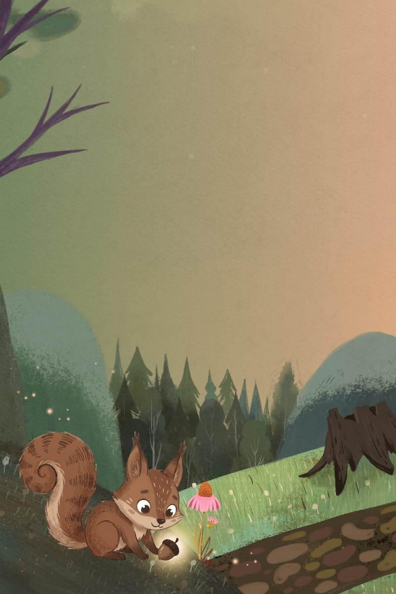 Luni hebt eine funkelnde Eichel – Hero-Illustration der Zendou Kids Landing Page, Geschichtenbox ab Sommer 2026