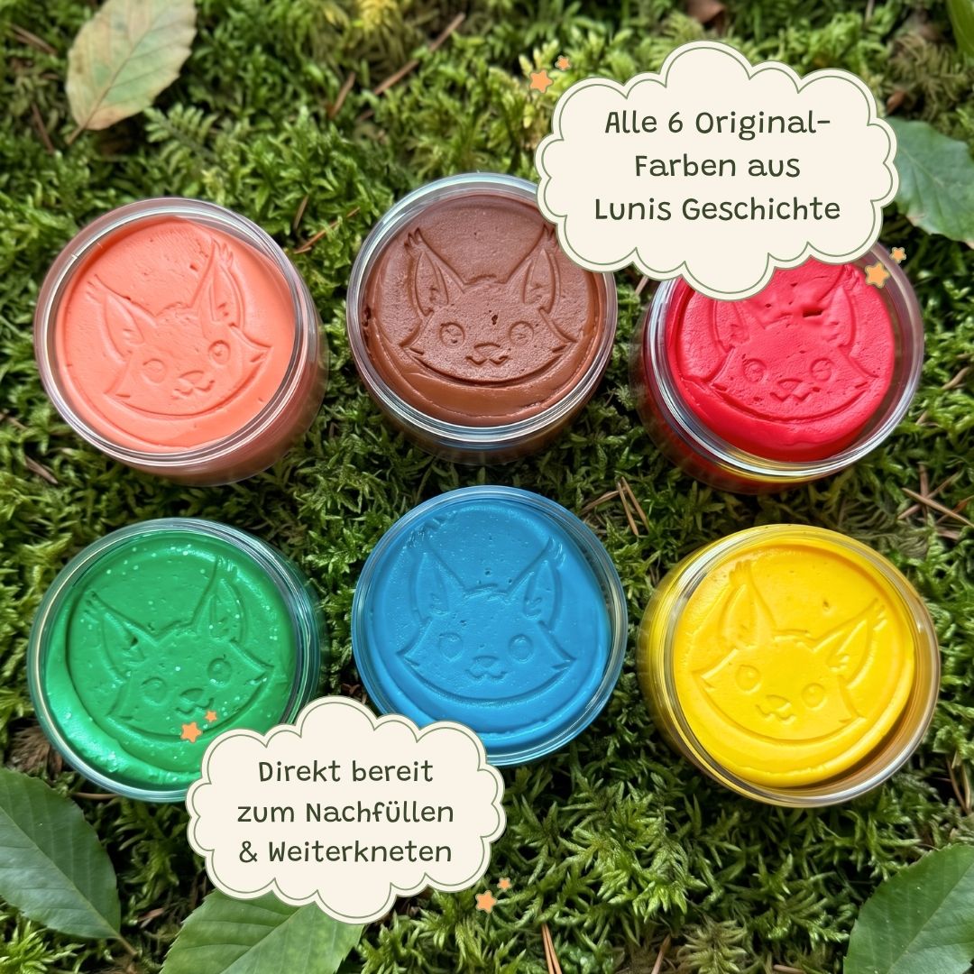 Alle 6 Zendou Kids Knete-Tiegel geöffnet mit Luni-Abdruck – Nachfüll-Set Die Farben des Waldes