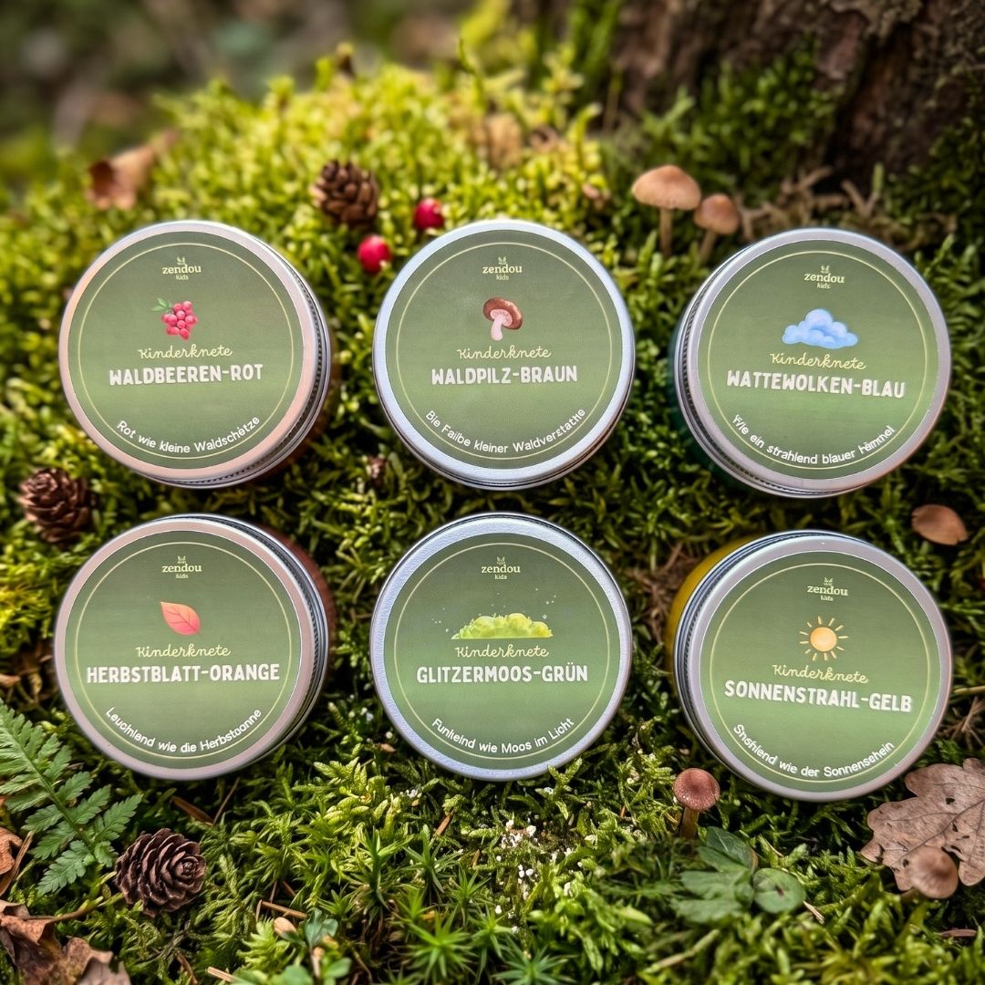 Zendou Kids Kinderknete Die Farben des Waldes – alle 6 Tiegel auf Moos, Waldbeeren-Rot, Waldpilz-Braun, Wattewolken-Blau, Herbstblatt-Orange, Glitzermoos-Grün, Sonnenstrahl-Gelb