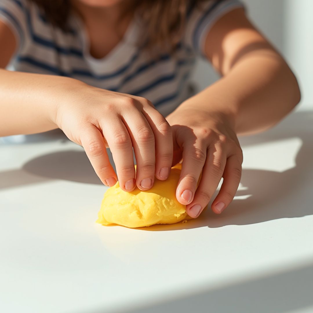 Kinderhände kneten mit Zendou Kids Kinderknete Sonnenstrahl-Gelb
