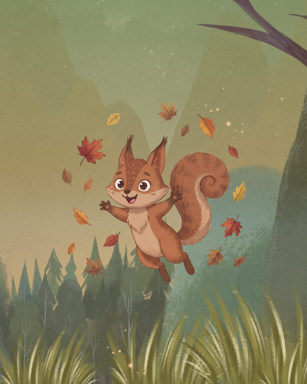 Luni das Fuchs-Eichhörnchen springt durch bunte Herbstblätter – Illustration aus dem Zendou Kids Kinderbuch
