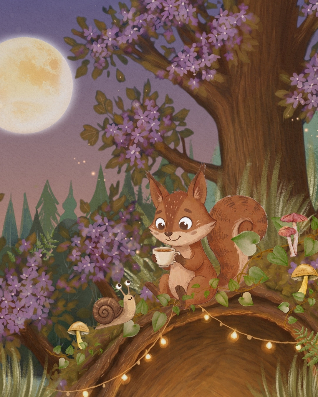 Luni und Karla die Schnecke bei Nacht im magischen Wald – Illustration Zendou Kids