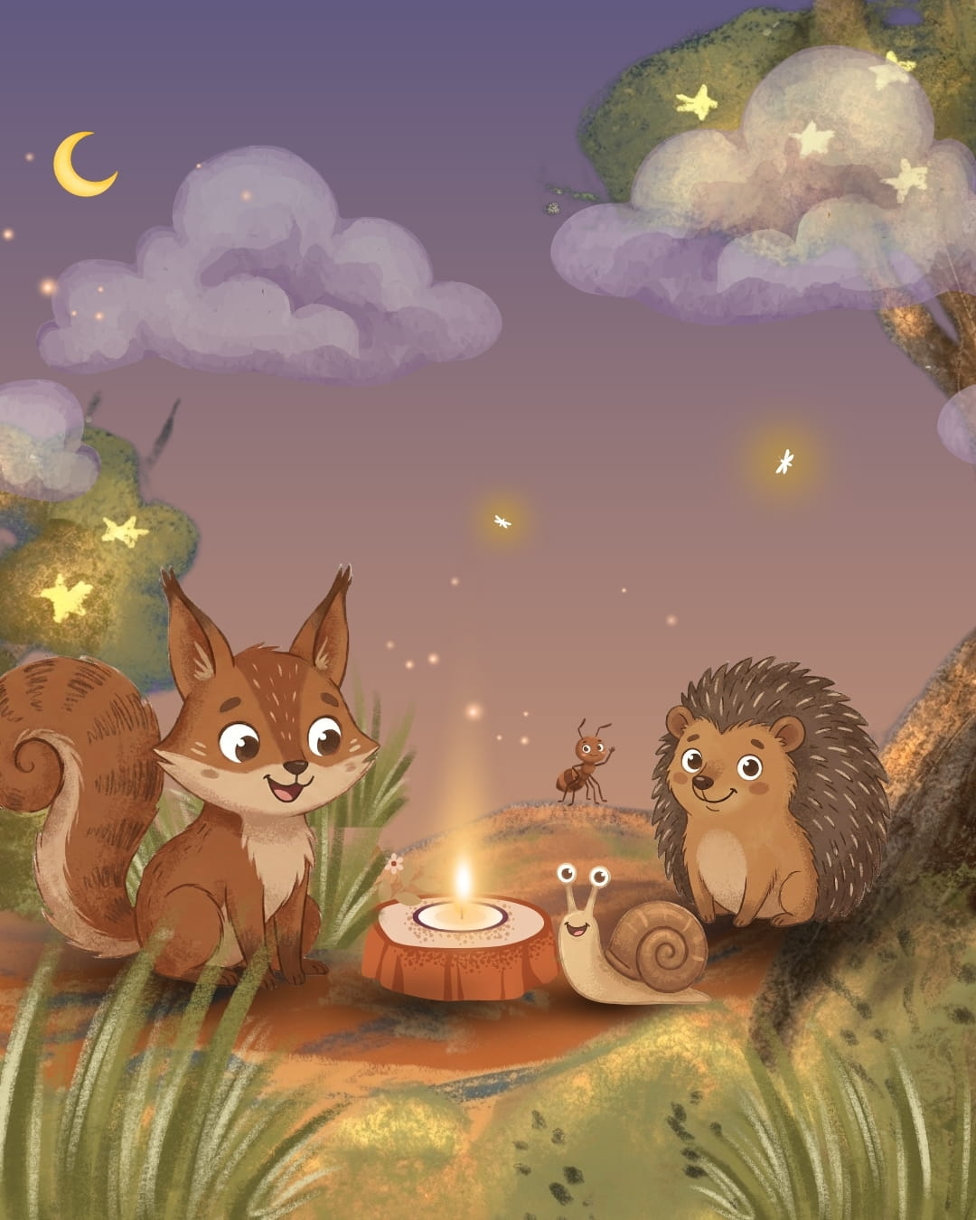 Luni, Oskar, Karla und Miri am Lagerfeuer – Charaktere aus dem Kinderbuch Lunis Abenteuer im magischen Wald von Zendou Kids