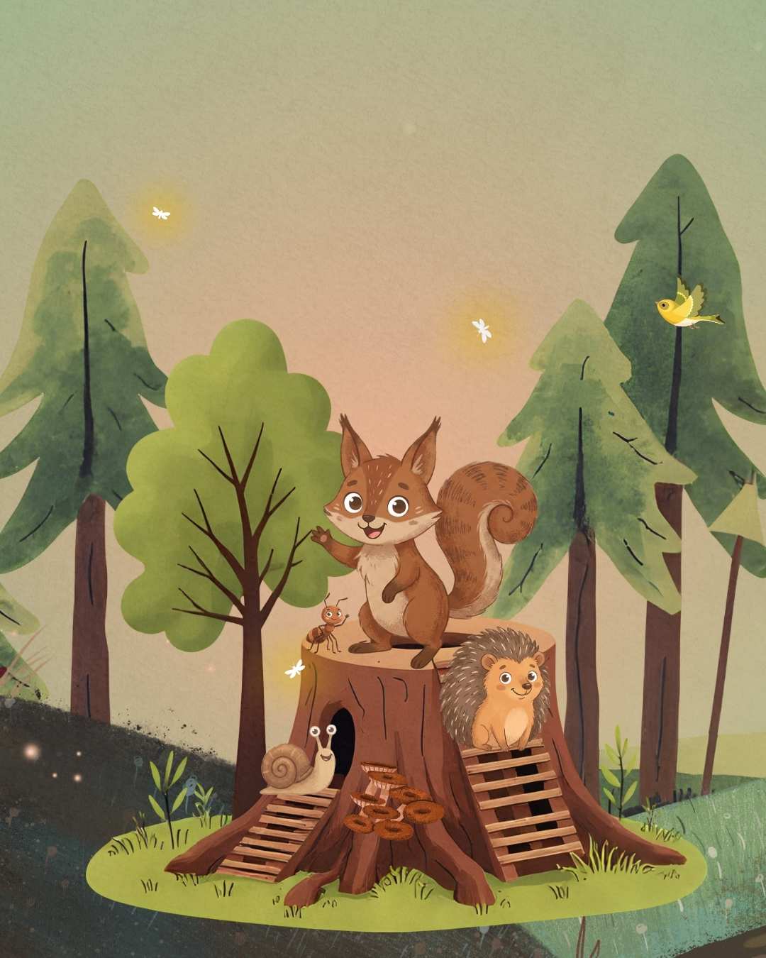 Luni und seine Waldfreunde winken im magischen Wald – Charaktere aus dem Zendou Kids Kinderbuch