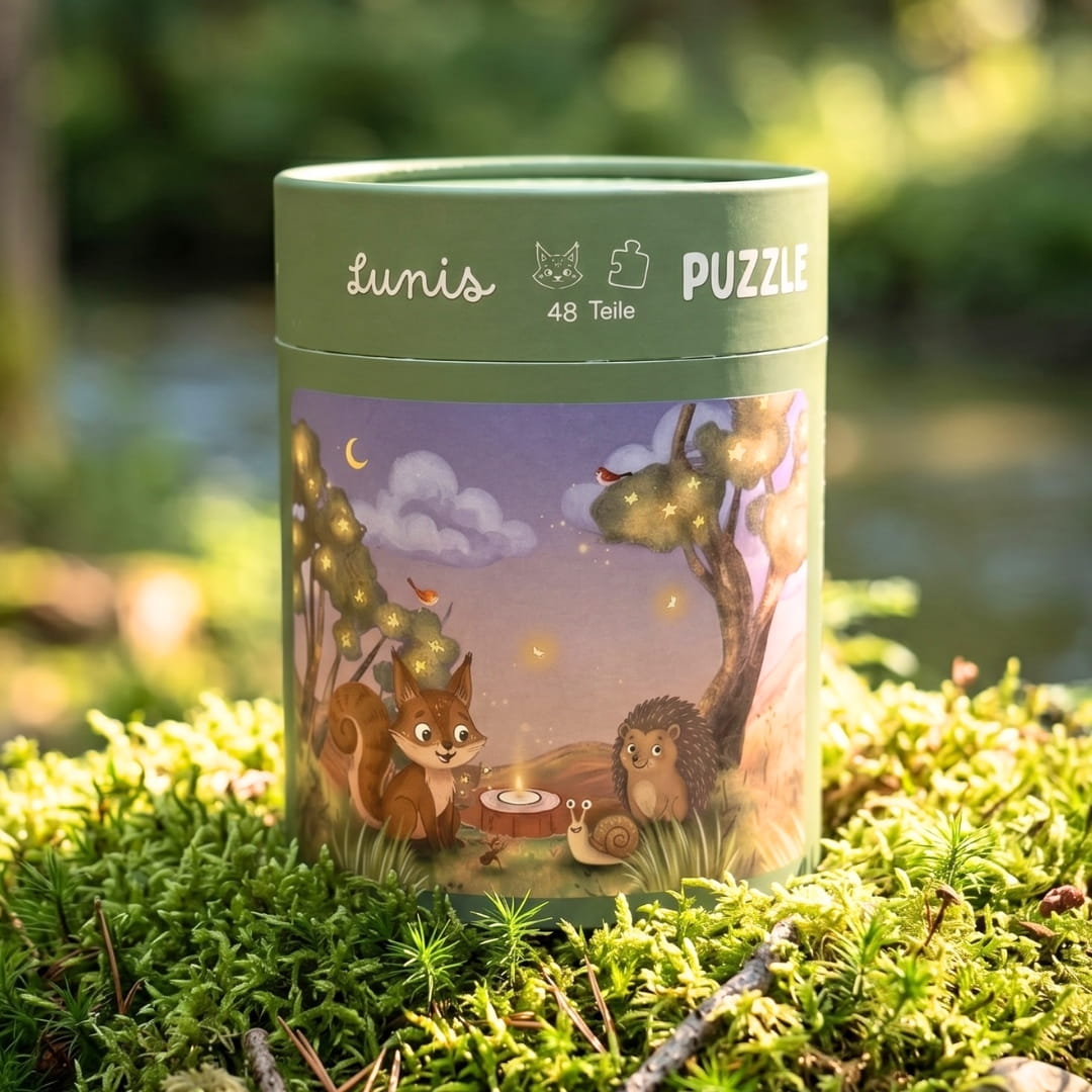 Zendou Kids Puzzle Ein Abend im Wald – Tube auf Moos mit Luni und Waldfreunden Motiv