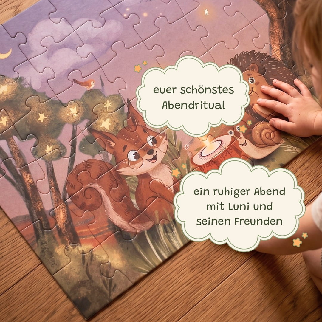 Kind legt Zendou Kids Puzzle am Abend – das perfekte Abendritual mit Luni und seinen Freunden