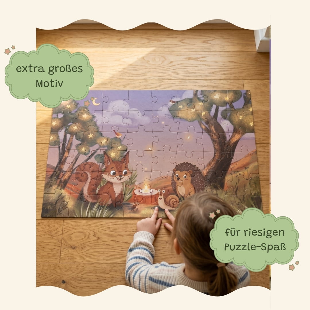 Kind legt das große Zendou Kids Puzzle Ein Abend im Wald – extra großes Motiv 54x36cm