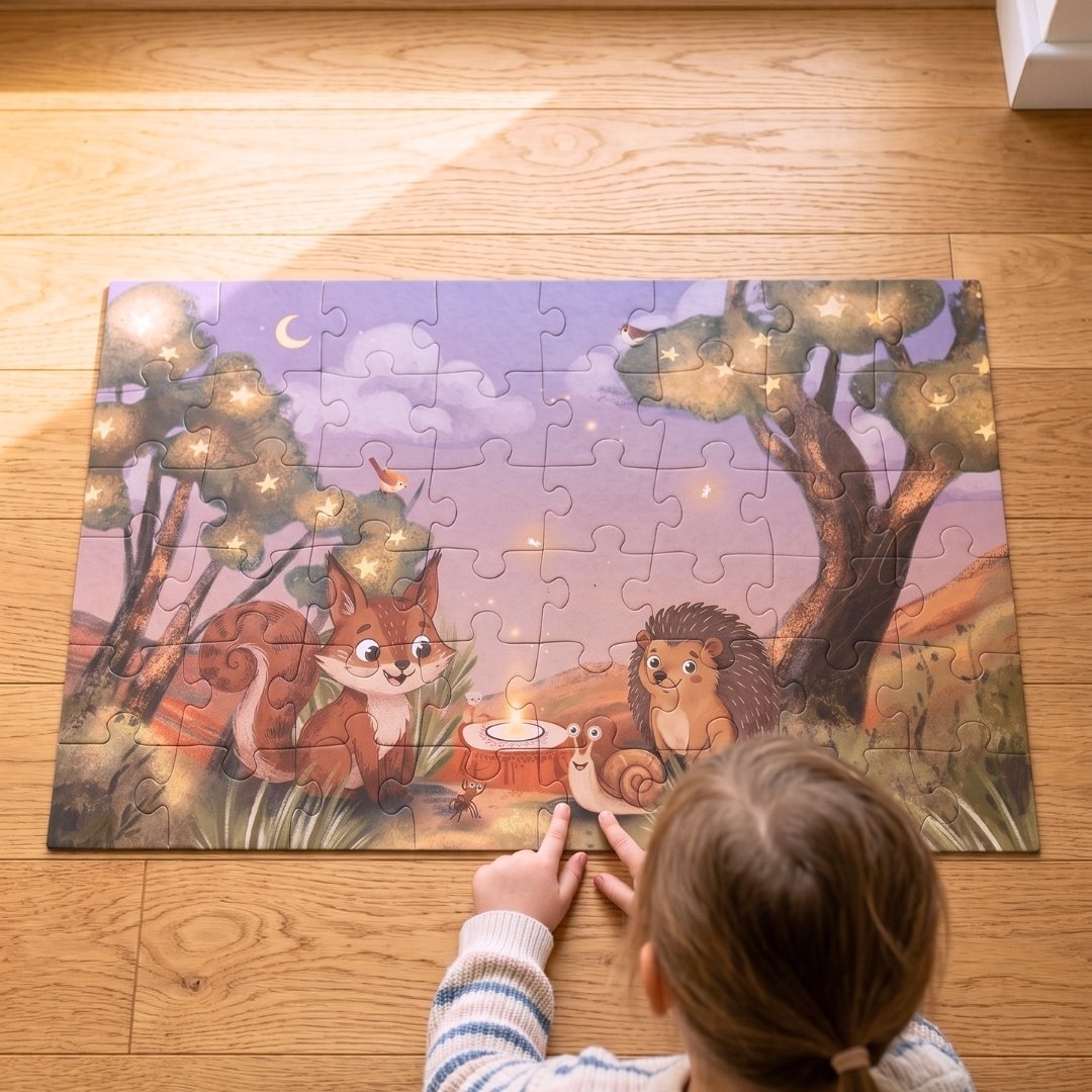 Kind legt das große Zendou Kids Waldpuzzle – Abendmotiv mit Luni und Freunden, 54x36cm