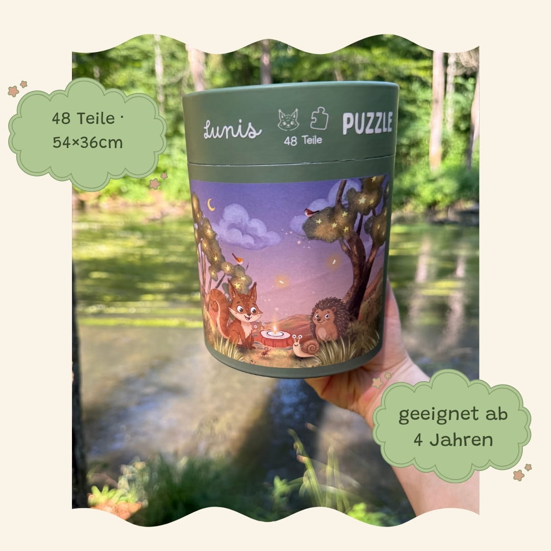 Hand hält Zendou Kids Puzzle Tube – 48 Teile, 54x36cm, geeignet ab 4 Jahren