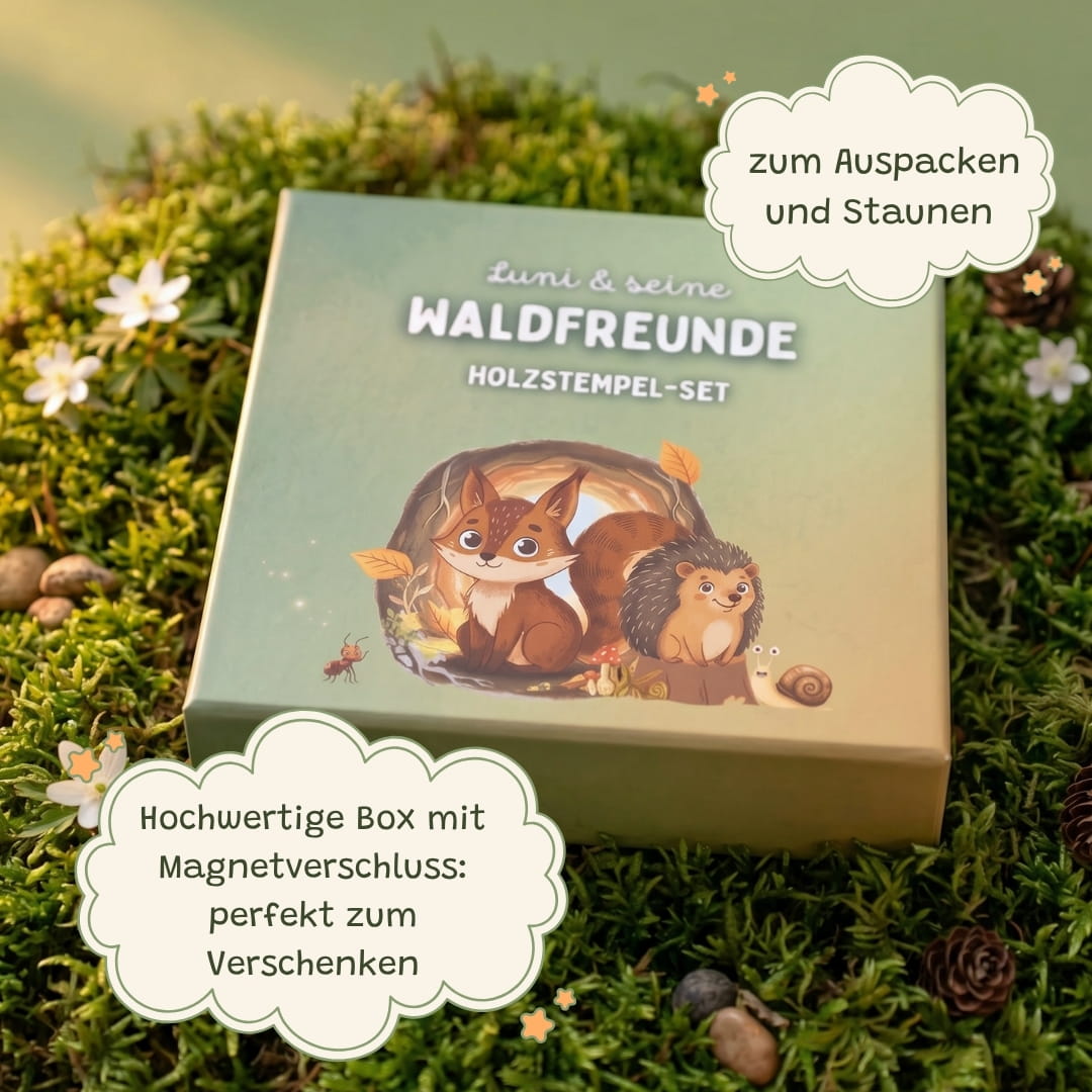 Zendou Kids Stempelset Box geschlossen auf Moos – hochwertige Box mit Magnetverschluss, perfekt zum Verschenken