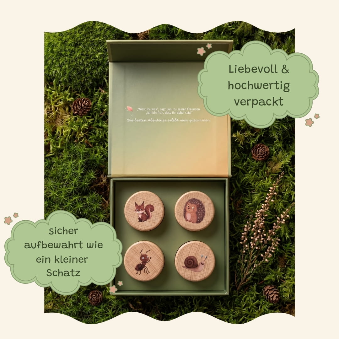 Zendou Kids Stempelset Box geöffnet – alle 4 Holzstempel mit Waldfreunden Motiven auf Moos