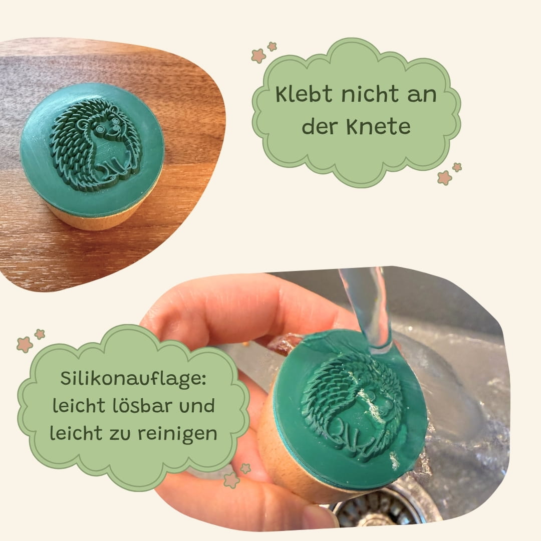 Silikonauflage des Zendou Kids Holzstempels – klebt nicht an der Knete, leicht lösbar und zu reinigen