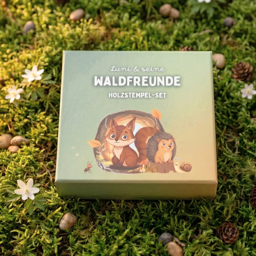Zendou Kids Holzstempel-Set Waldfreunde – Box auf Moos mit Luni und seinen Waldfreunden