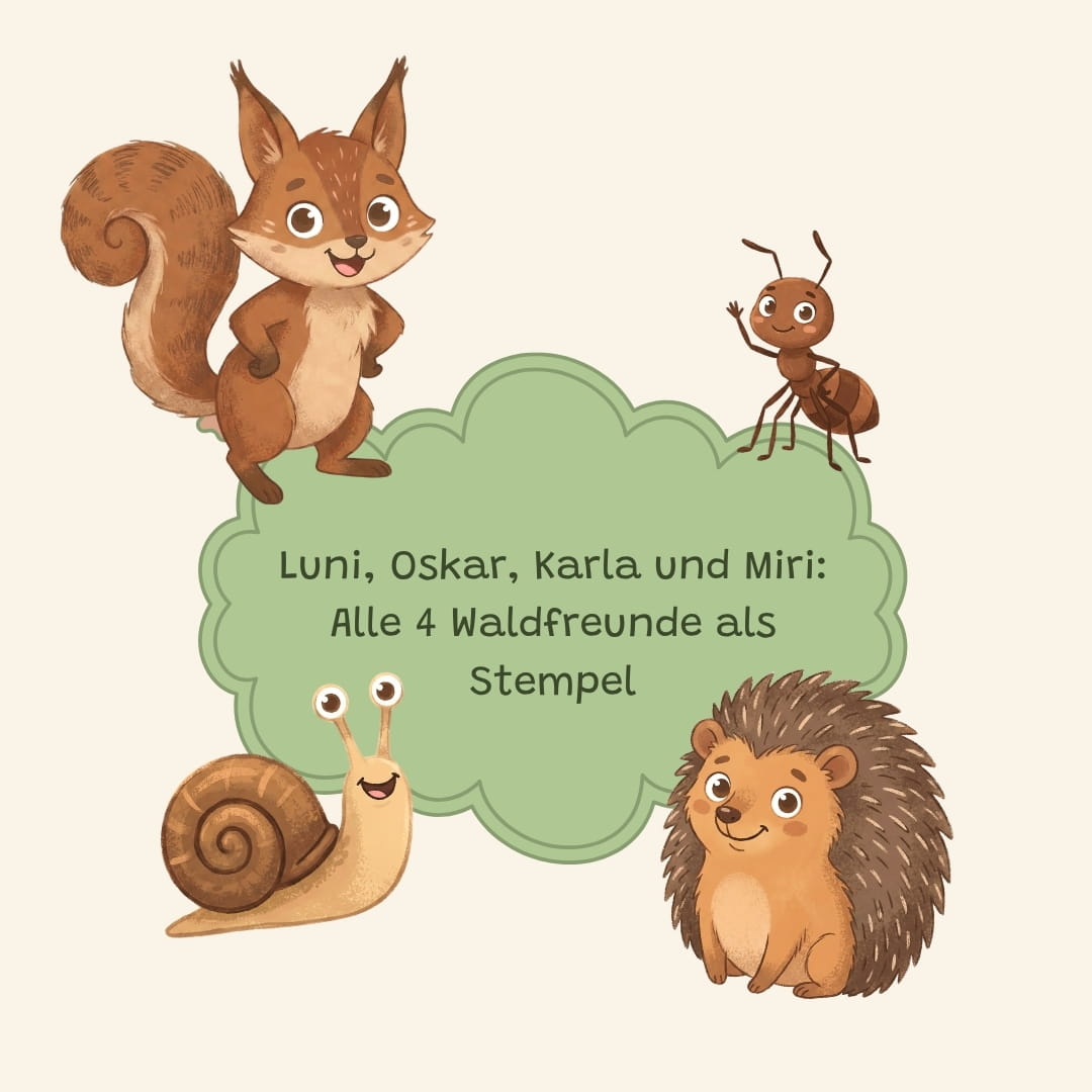 Luni, Oskar, Karla und Miri – alle 4 Waldfreunde als Holzstempel im Zendou Kids Stempelset