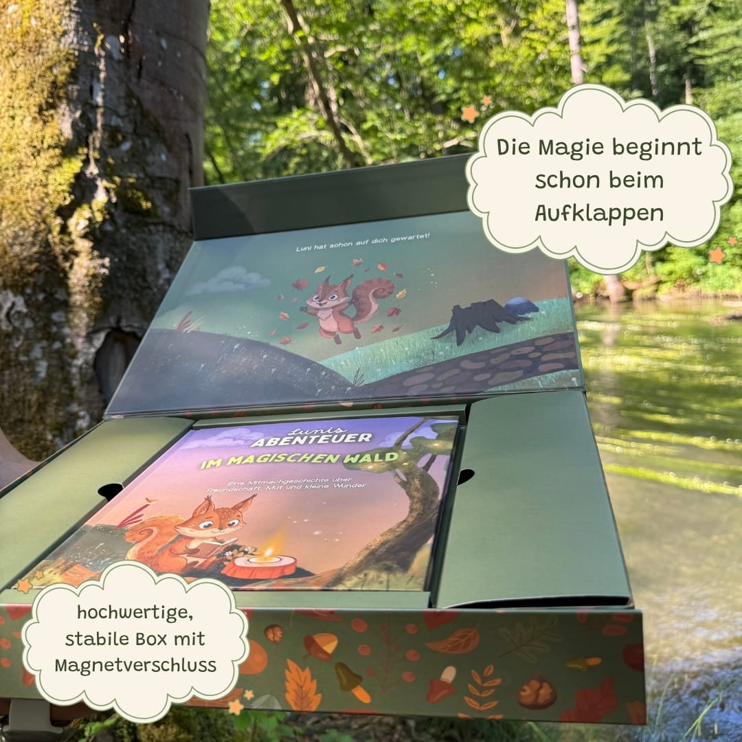 Waldbox beim Öffnen – hochwertige Magnetbox mit Luni-Illustration innen, Buch und Inhalt sichtbar