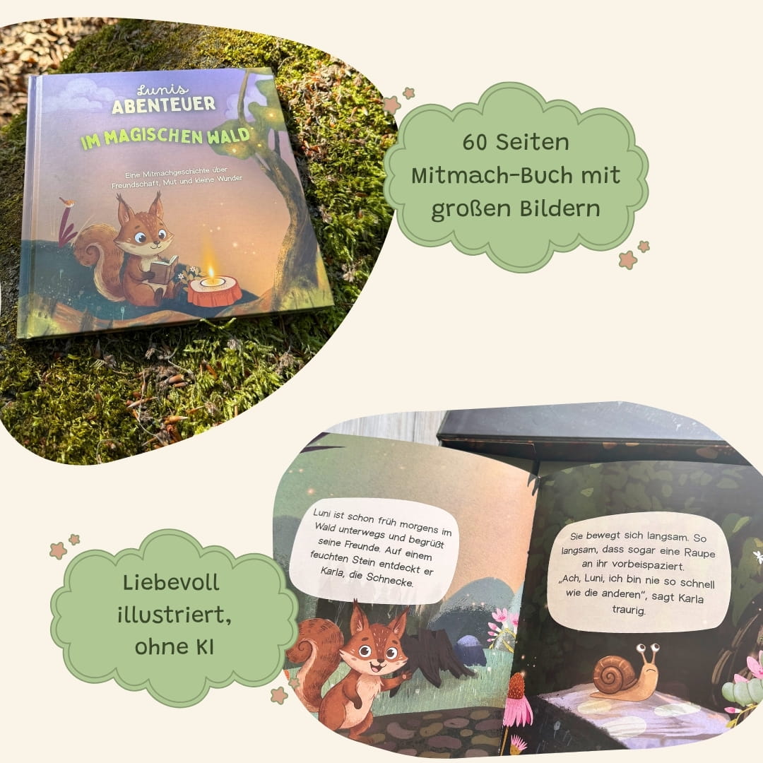 Lunis Abenteuer im magischen Wald – 60-seitiges Mitmachbuch mit großen Illustrationen, Cover und aufgeschlagene Seiten