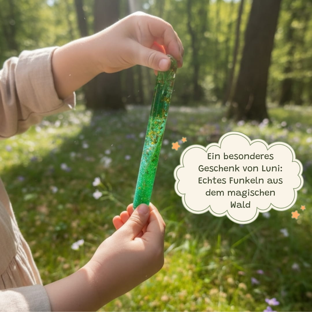 Kind hält grünen Funkelstab im Wald – magisches Sensory-Spielzeug aus der Zendou Kids Waldbox