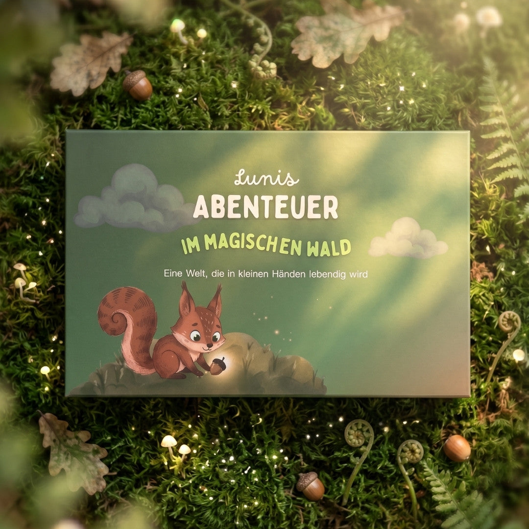 Zendou Kids Waldbox – Lunis Abenteuer im magischen Wald, geschlossene Geschichtenbox auf Moos im Wald