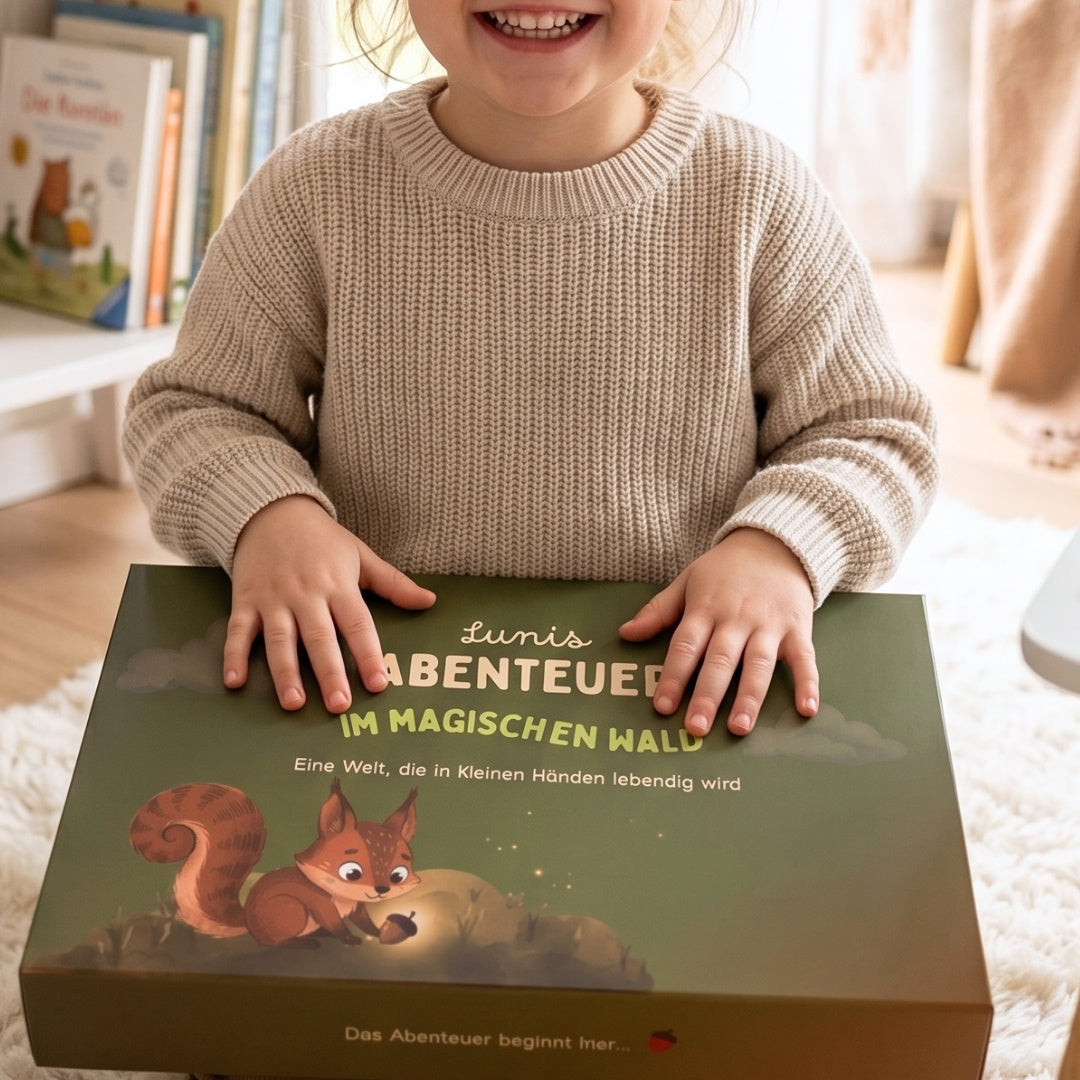 Kind hält strahlend die Zendou Kids Waldbox – Geschichtenbox für Kinder von 3 bis 7 Jahren