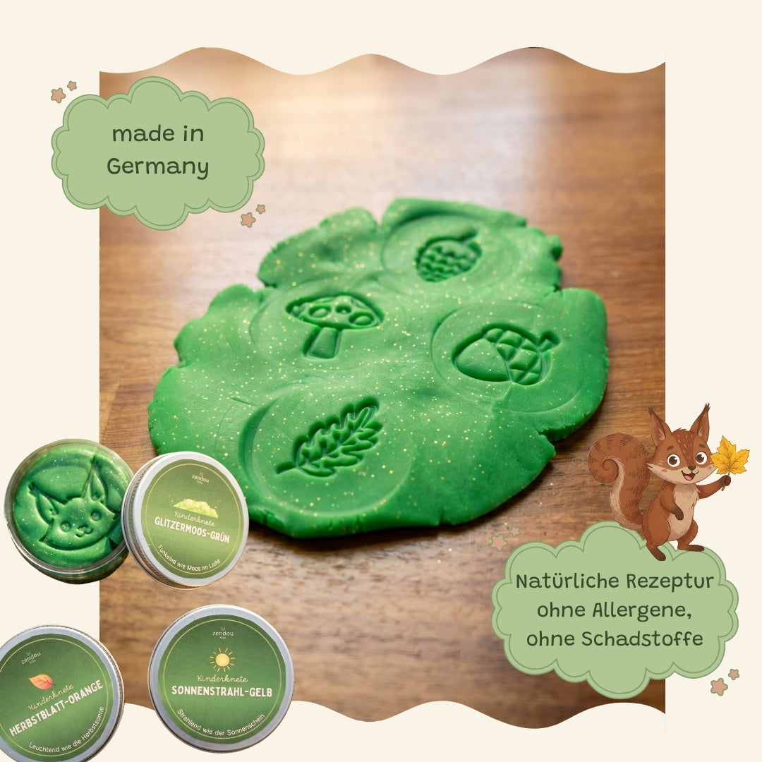 Kinderknete Made in Germany – natürliche Rezeptur ohne Allergene und Schadstoffe, Stempelabdrücke sichtbar