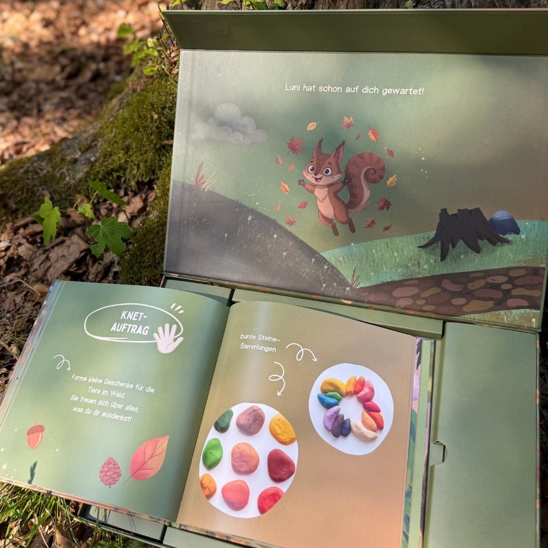 Zendou Kids Waldbox geöffnet mit aufgeschlagenem Mitmachbuch und Knet-Auftrag Seite