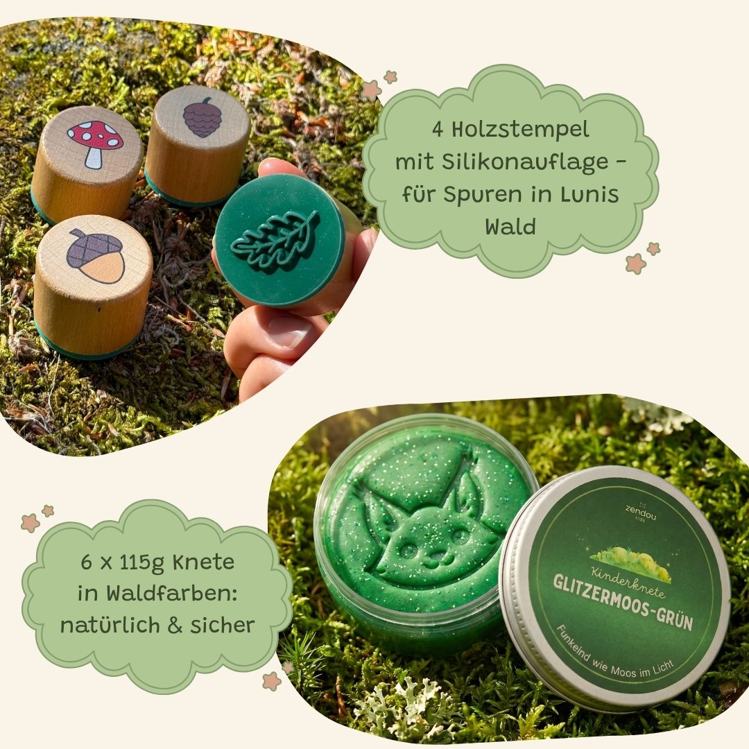 4 Holzstempel mit Silikonauflage und Knete-Dose Herbstblatt-Orange – Zendou Kids Waldbox Zubehör